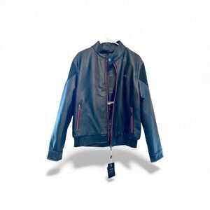 Men's Black Faux Leather Jacket with Red Zipper Accents Medium